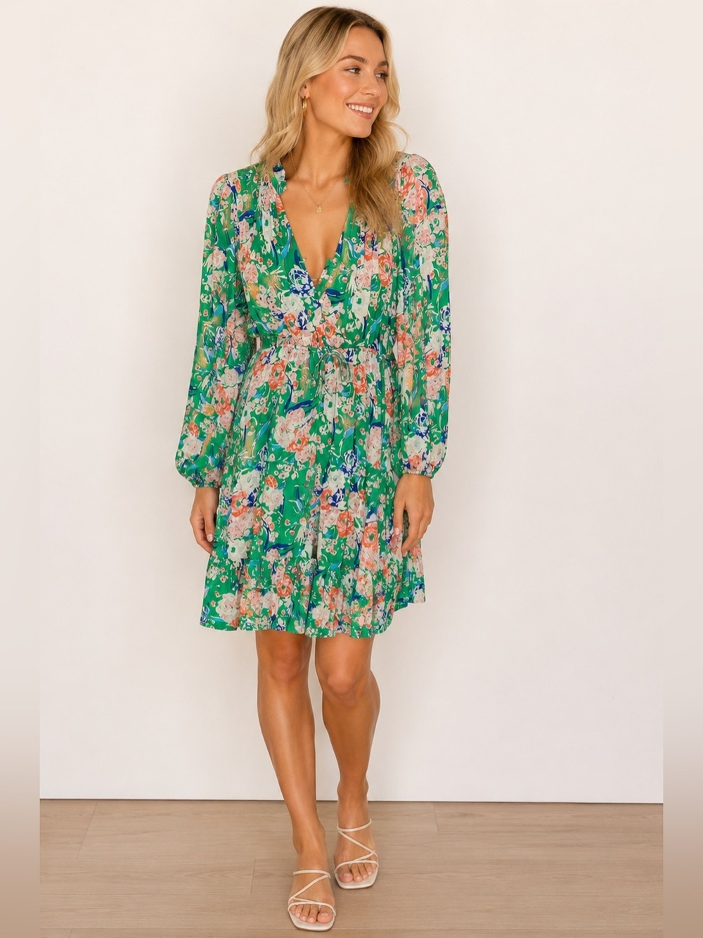 Vintage Suncoo Paris Coastal Green Floral Long Sleeve Boho Dress | T0 (XS)
